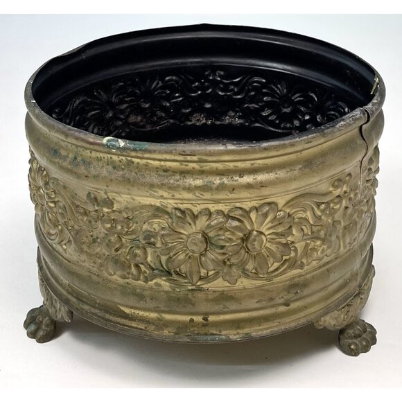 VTG 7"x5" Round Gold Painted Metal Footed PLANTER Pot Embossed Daisies Flowers - Picture 3 of 5